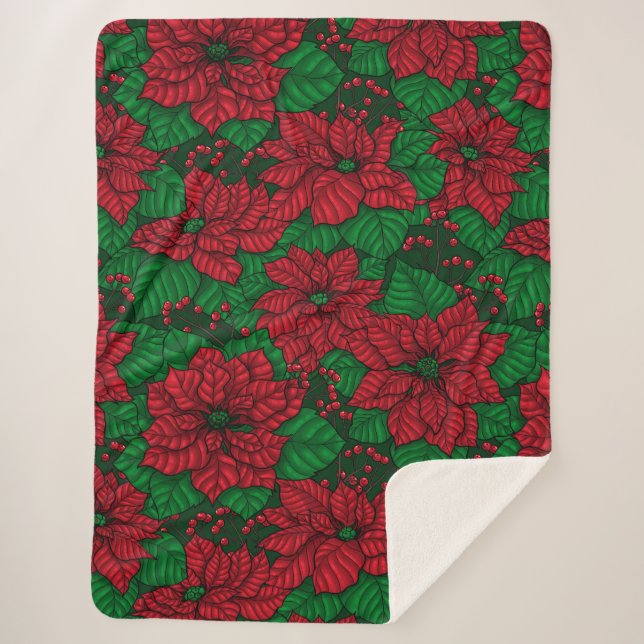 Poinsettia, Christmas pattern Sherpa Blanket (Front)