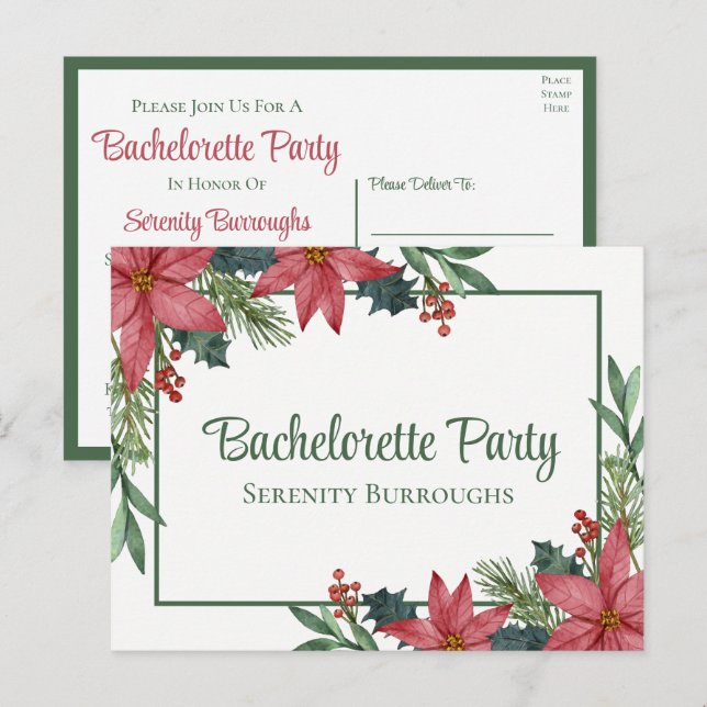 Poinsettia Christmas Red Floral Bachelorette Party Invitation Postcard (Front/Back)