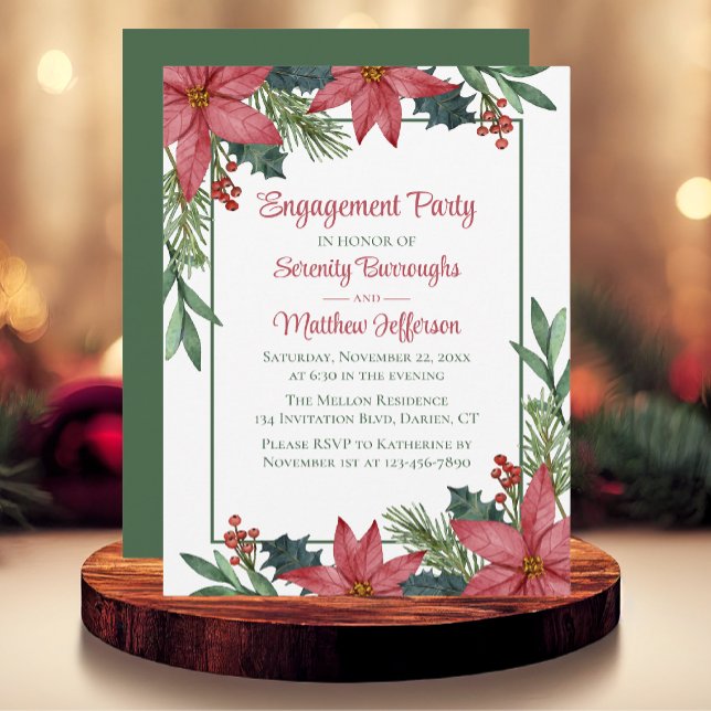 Poinsettia Christmas Red Floral Engagement Party Invitation (Creator Uploaded)