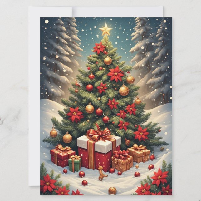 Poinsettia Christmas Tree Flat Greeting Card (Front)