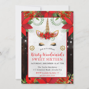 Poinsettia Christmas Unicorn Sweet Sixteen Invitation