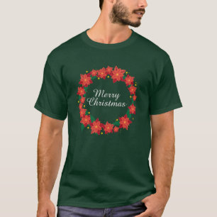 Poinsettia Christmas Wreath Merry Christmas T-Shirt