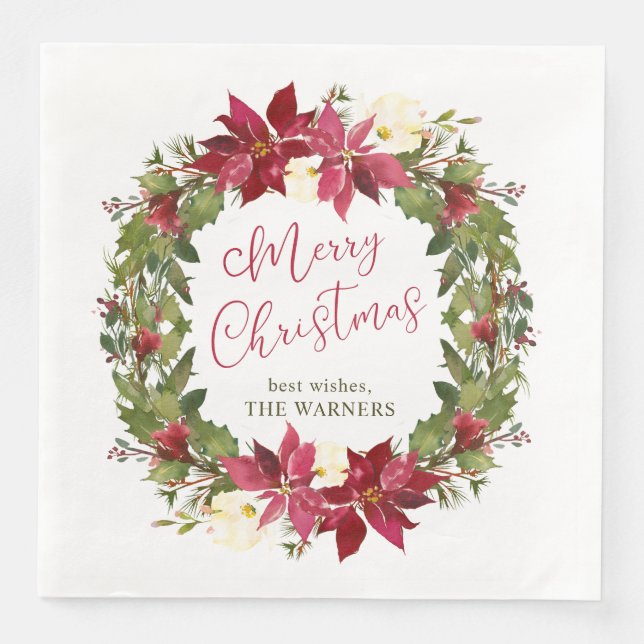Poinsettia Christmas Wreath Personalised Napkin (Front)