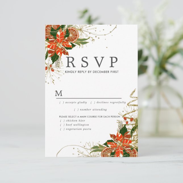 Poinsettia Citrus Gold Christmas Wedding RSVP Card (Standing Front)