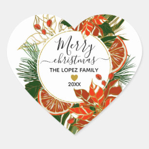 Poinsettia Citrus Gold Winter Merry Christmas Heart Sticker