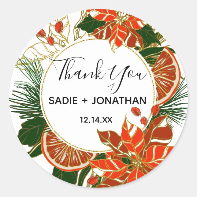 Poinsettia Citrus Gold Winter Wedding Thank You Classic Round Sticker (Front)