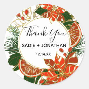 Poinsettia Citrus Gold Winter Wedding Thank You Classic Round Sticker