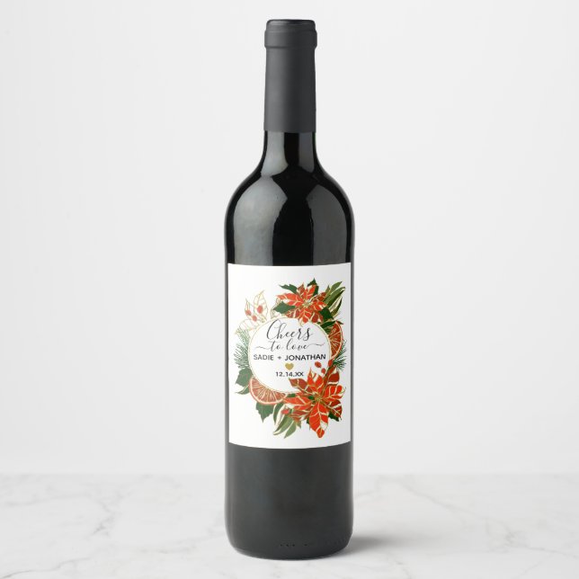 Poinsettia Citrus Gold Winter Wedding Wine Label (Front)