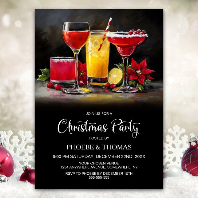 Poinsettia Cocktails Christmas Party Invitation (Creator Uploaded)