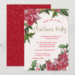Poinsettia,Confetti,Red Company Christmas Party Invitation