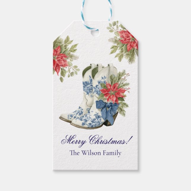 Poinsettia Cowgirl Boot Christmas Gift Tag (Front)