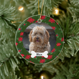 Poinsettia Custom Pet Puppy Dog Photo Ceramic Tree Decoration
