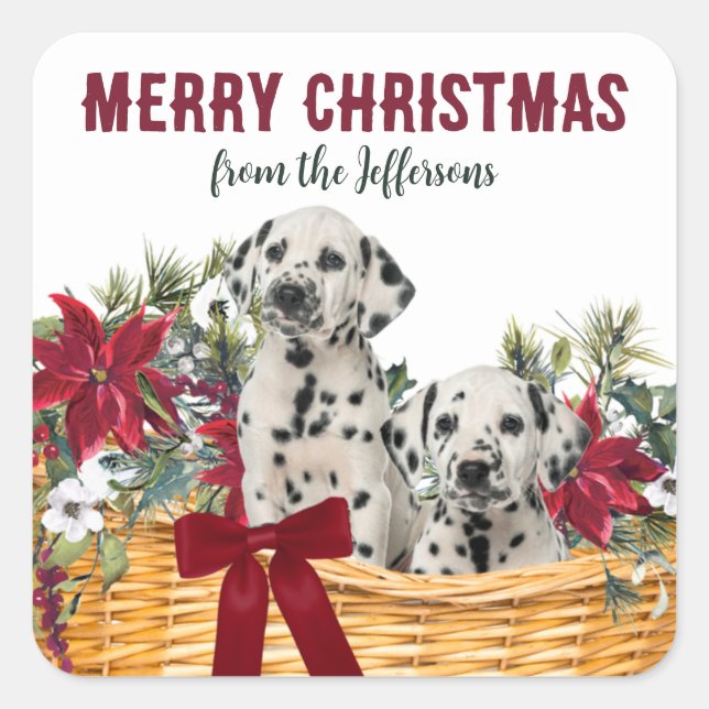 Poinsettia Dalmatian Puppies Christmas Basket Square Sticker (Front)