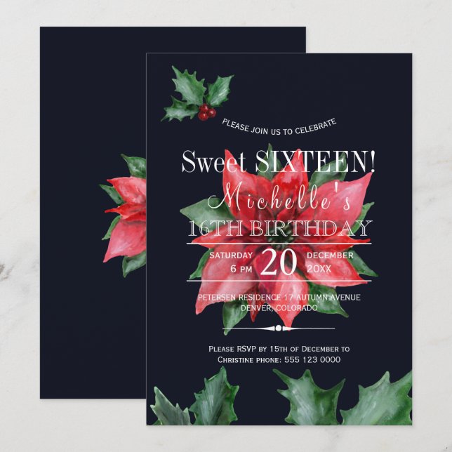Poinsettia dark blue red green sweet sixteen invitation (Front/Back)