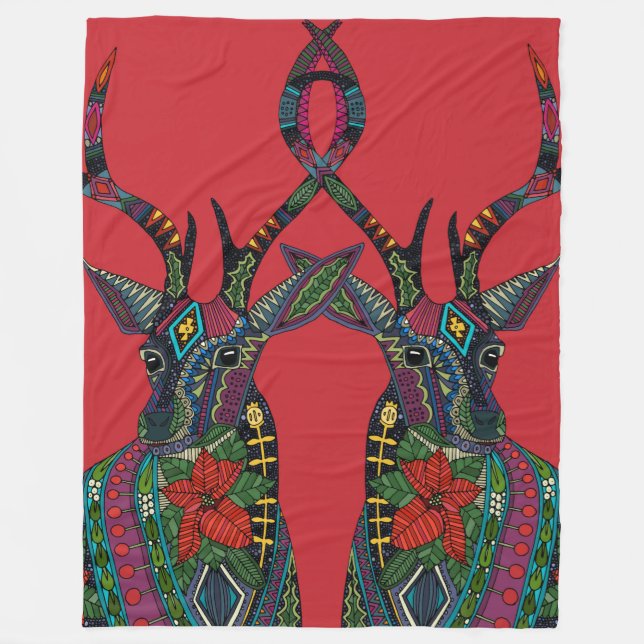 poinsettia deer red fleece blanket (Front)