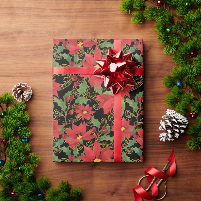 Poinsettia elegance on black wrapping paper (Holiday Gift)