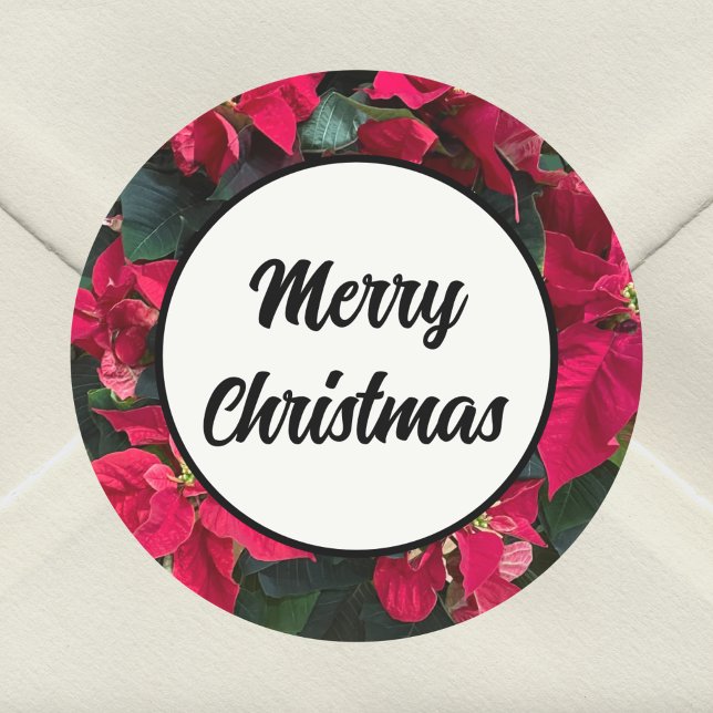 Poinsettia Elegant Black Text Merry Christmas Classic Round Sticker (Creator Uploaded)