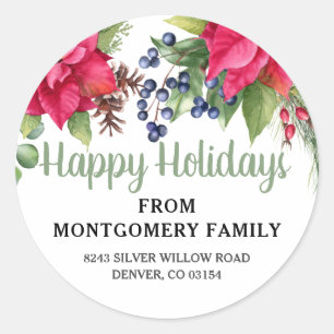 Poinsettia Elegant Happy Holidays Address Green Classic Round Sticker