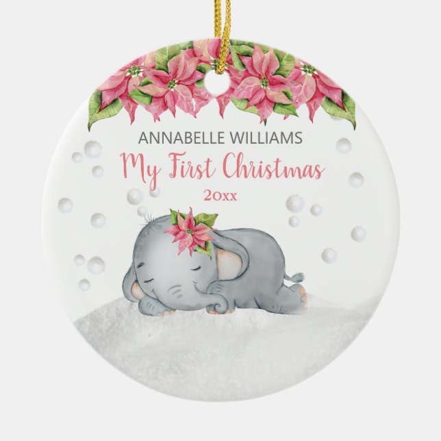 Poinsettia Elephant Baby's 1st First Christmas Ceramic Tree Decoration (Front)