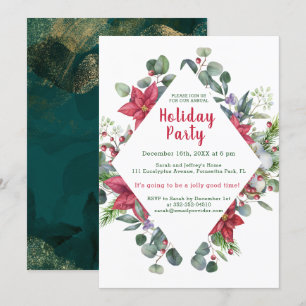 Poinsettia, eucalyptus leaves, red berry Christmas Invitation