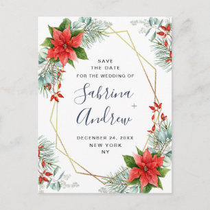 Poinsettia Eucalyptus Pine  Wedding Save the Date Announcement Postcard