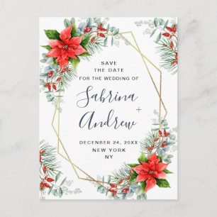 Poinsettia Eucalyptus Pine  Wedding Save the Date  Announcement Postcard