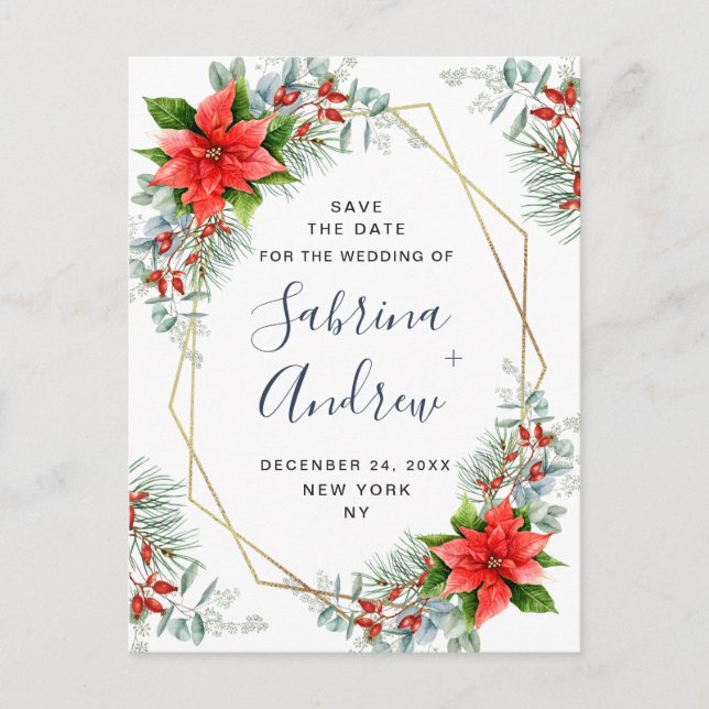 Poinsettia Eucalyptus Pine  Wedding Save the Date  Announcement Postcard (Front)