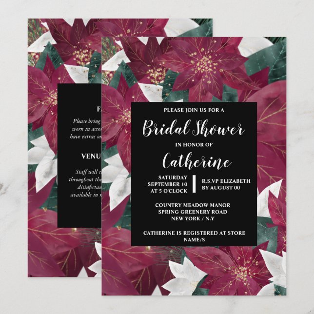 Poinsettia faux gold leaf red white floral chic invitation (Front/Back)