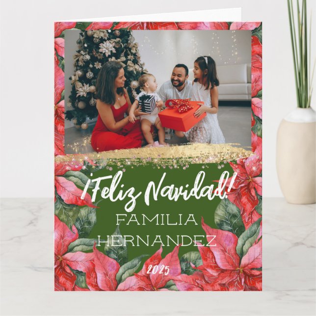 Poinsettia Feliz Navidad Christmas Family Photo  Card (Front)