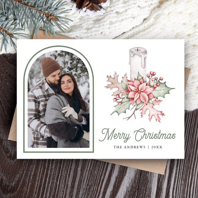 Poinsettia Festive Candle Arch Photo Christmas Holiday Card (Creator Uploaded)