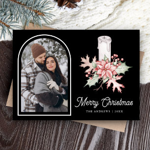 Poinsettia Festive Candle Photo Black Christmas Holiday Card