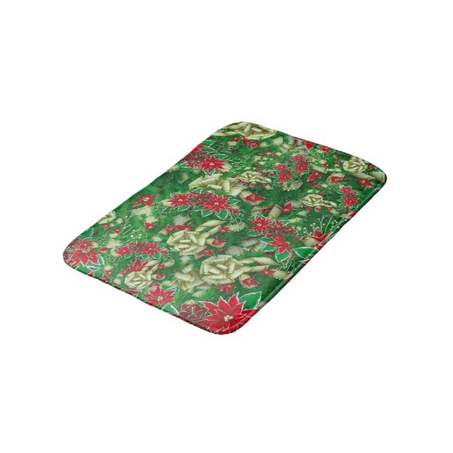 Poinsettia Fir Leaves Ribbons Floral Christmas | Bath Mat (Angled)