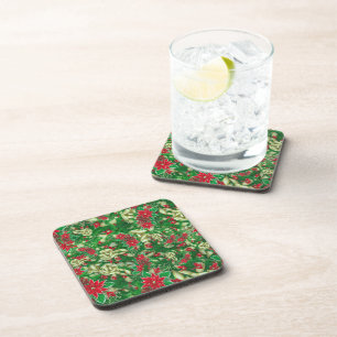 Poinsettia Fir Leaves Ribbons Floral Christmas Coaster