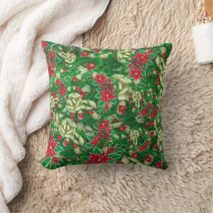 Poinsettia Fir Leaves Ribbons Floral Christmas   Cushion