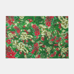 Poinsettia Fir Leaves Ribbons Floral Christmas   Doormat