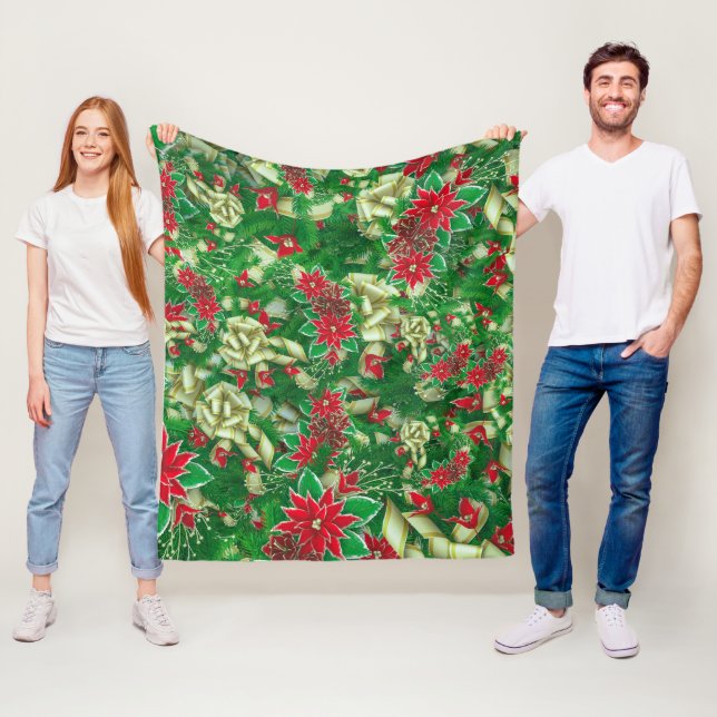 Poinsettia Fir Leaves Ribbons Floral Christmas | Fleece Blanket (In Situ)