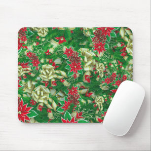 Poinsettia Fir Leaves Ribbons Floral Christmas Mouse Mat