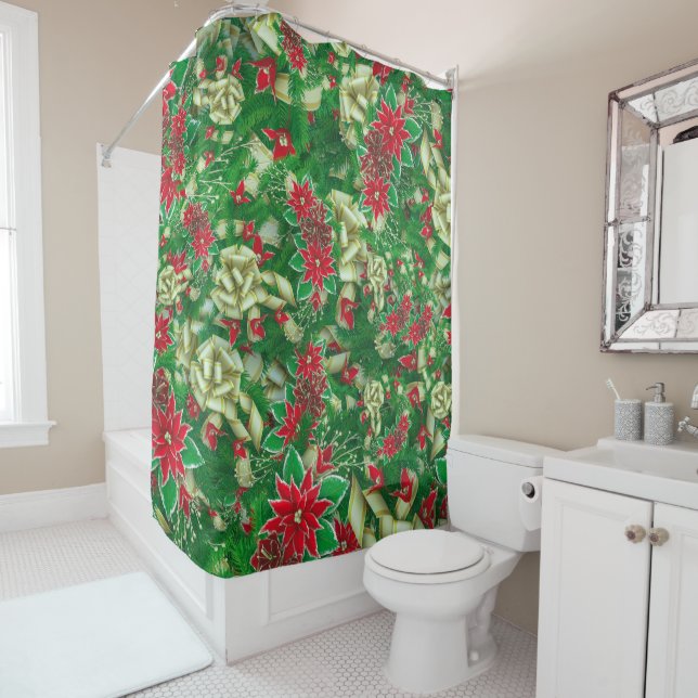 Poinsettia Fir Leaves Ribbons Floral Christmas | Shower Curtain (In Situ)