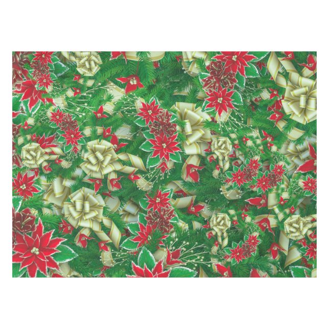 Poinsettia Fir Leaves Ribbons Floral Christmas | Tablecloth (Front (Horizontal))