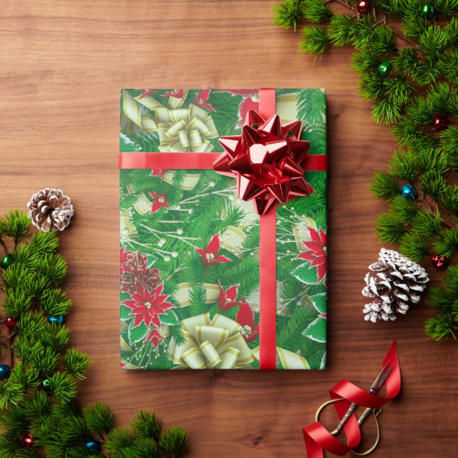 Poinsettia Fir Leaves Ribbons Floral Christmas | Wrapping Paper (Holiday Gift)
