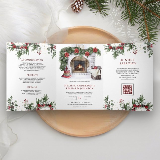 Poinsettia Fireplace Christmas QR Code Wedding Tri-Fold Invitation (Creator Uploaded)