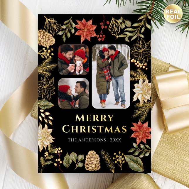 Poinsettia Floral 3 Photo Black Christmas Gold Foil Holiday Card (Creator Uploaded)