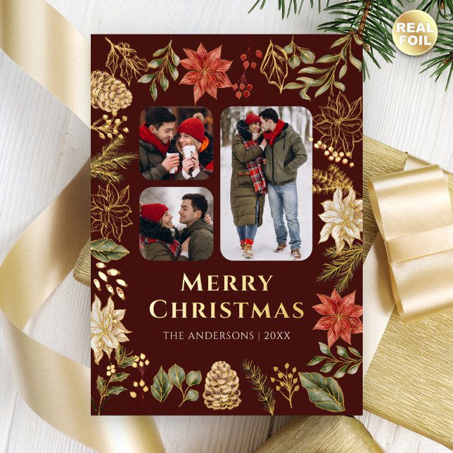 Poinsettia Floral 3 Photo Burgundy Christmas Gold Foil Holiday Card (Creator Uploaded)