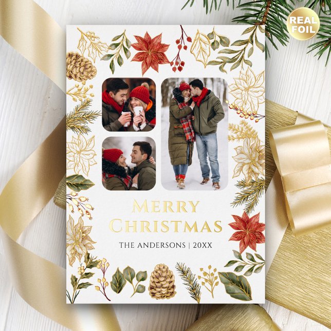 Poinsettia Floral 3 Photo Collage Christmas Gold Foil Holiday Card (Creator Uploaded)