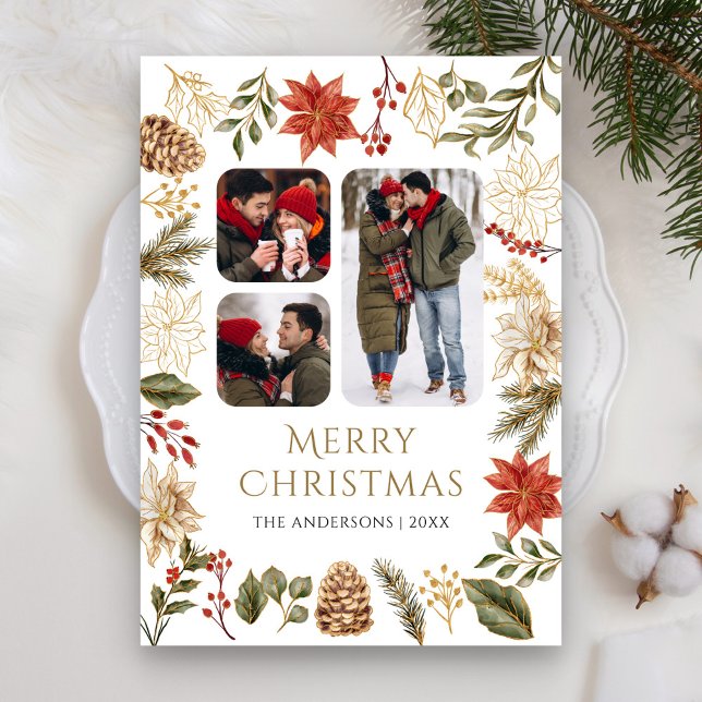 Poinsettia Floral 3 Photo Collage Christmas Holiday Card (Creator Uploaded)