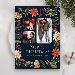 Poinsettia Floral 3 Photo Collage Navy Christmas Holiday Card
