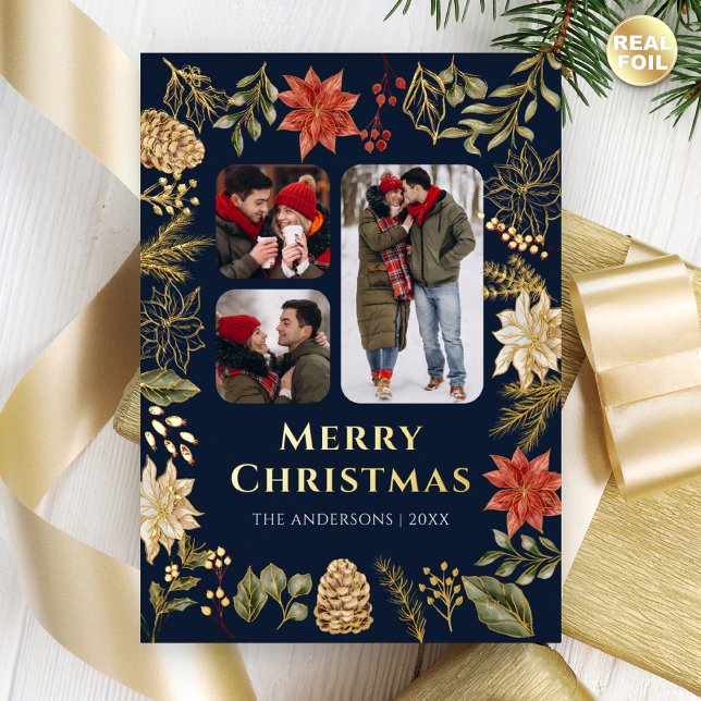 Poinsettia Floral 3 Photo Navy Blue Christmas Gold Foil Holiday Card (Creator Uploaded)