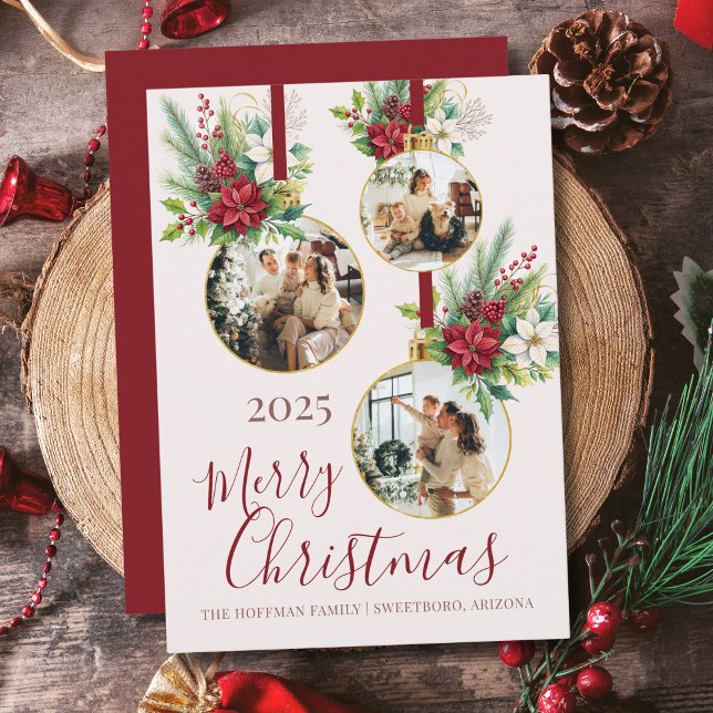 Poinsettia Floral 3 Photo Ornament Merry Christmas Holiday Card (elegant 3 photo merry christmas card with gold ornaments and poinsettia floral design with script)