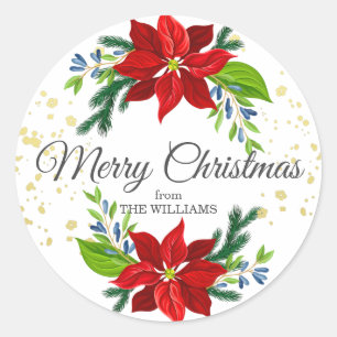 Poinsettia Floral Bouquet, Christmas Classic Round Sticker