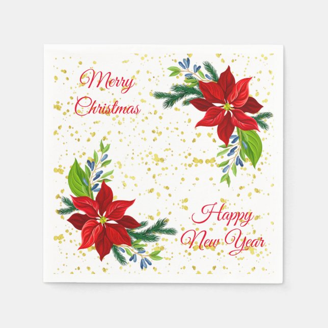 Poinsettia Floral Bouquet, Merry Christmas Napkin (Front)